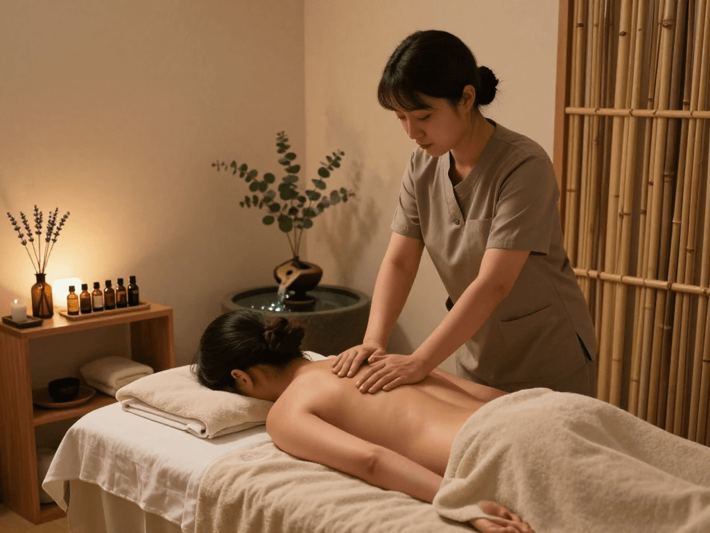 Therapist performing 구로출장안마 in a serene massage studio with calming decor.