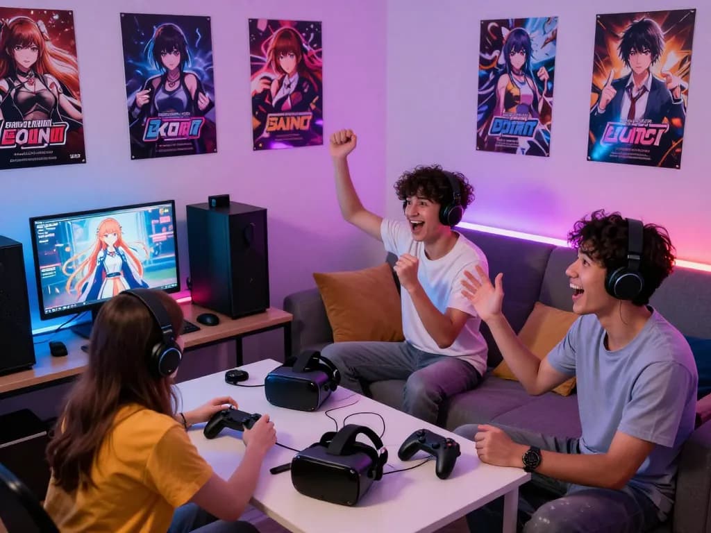 Vibrant gaming scene showcasing friends enjoying an engaging porngame experience with colorful decor.