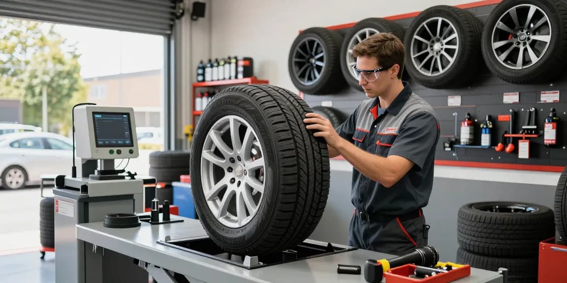 Technician inspecting Double Coin RR99 tire in a bright workshop with tools, showcasing expertise in tire service.
