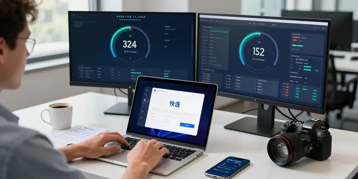 快连 application interface being used on a laptop in a modern office, demonstrating fast global network connection.
