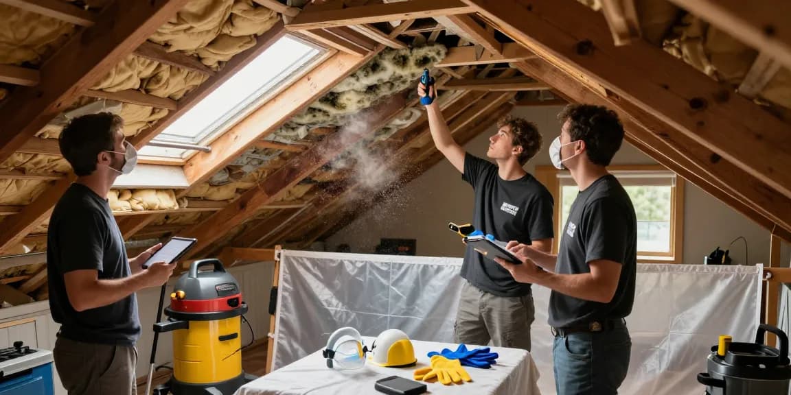 Mold Remediation West Vancouver team inspecting home attic for mold with advanced tools and safety gear.