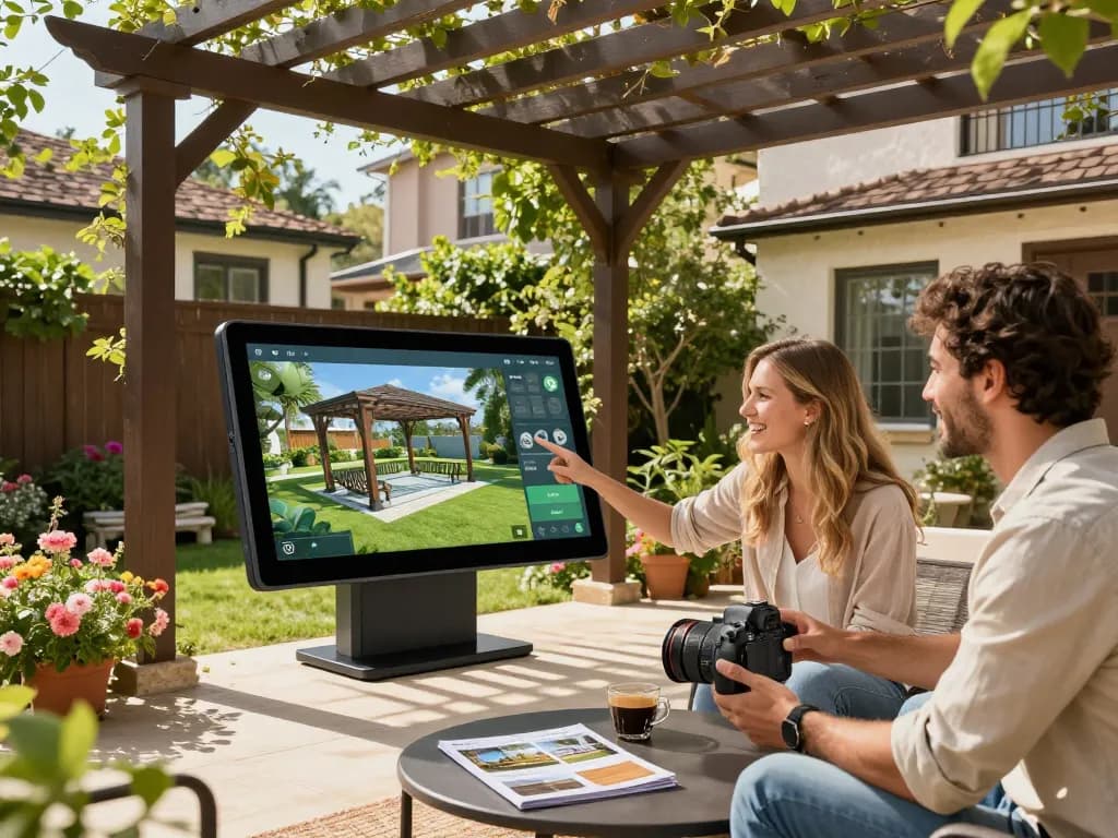 Couple using Pergola Configurator Software in a sunny backyard, visualizing custom pergola designs.