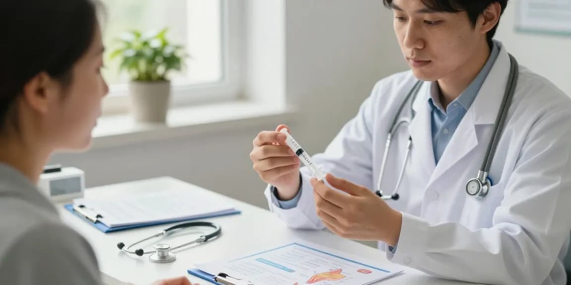 Demonstration of an insulin syringe in a doctor's office, showcasing proper usage and patient engagement.