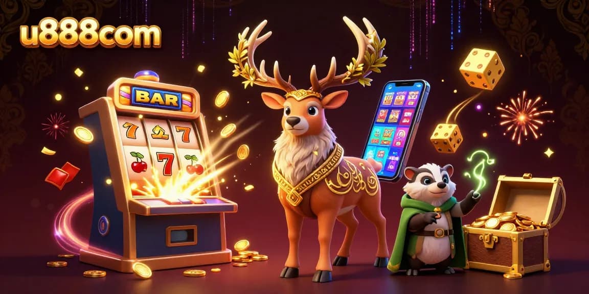 Engage with u888com slots featuring a Celtic druid and wise badger surrounded by vibrant casino elements.