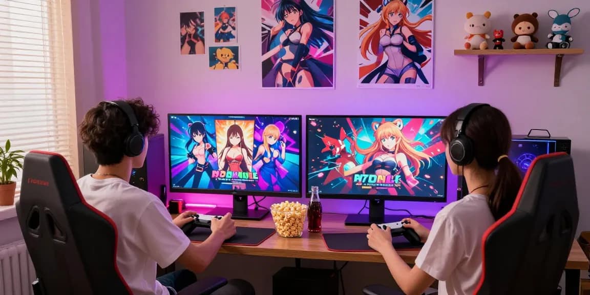 Engaged gamers enjoying free hentai games on multiple screens in a cozy bedroom