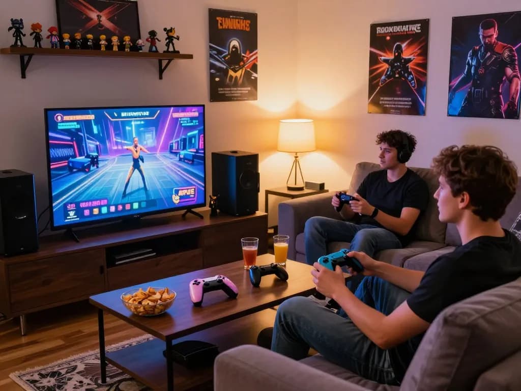 Enjoying online porn games in a cozy living room with engaging ambiance.