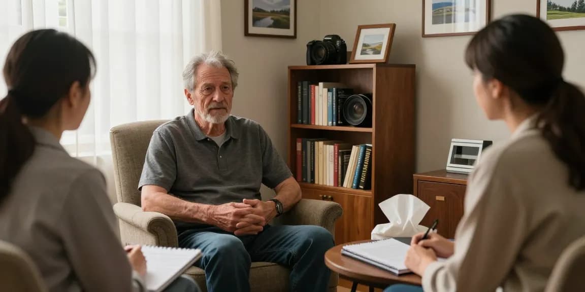 Trauma therapy for veterans in a cozy therapy session, showcasing a supportive environment.