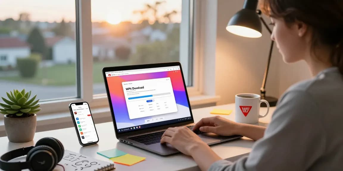 WPS Download process on a laptop in an inviting home office setting with modern workspace elements.