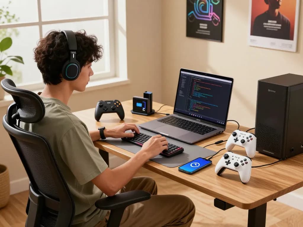 Best tech gadgets for men in a modern workspace showcasing innovative Bluetooth devices and dynamic lifestyle.