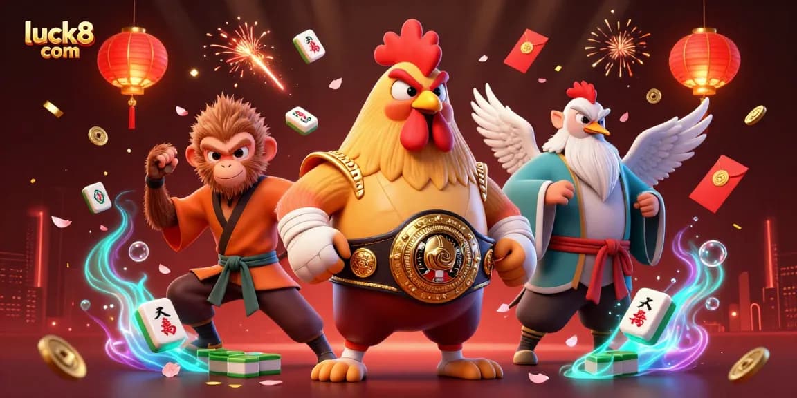 Engage with luck8 com in this vibrant casino illustration featuring a Muay Thai rooster and Chinese gaming elements.