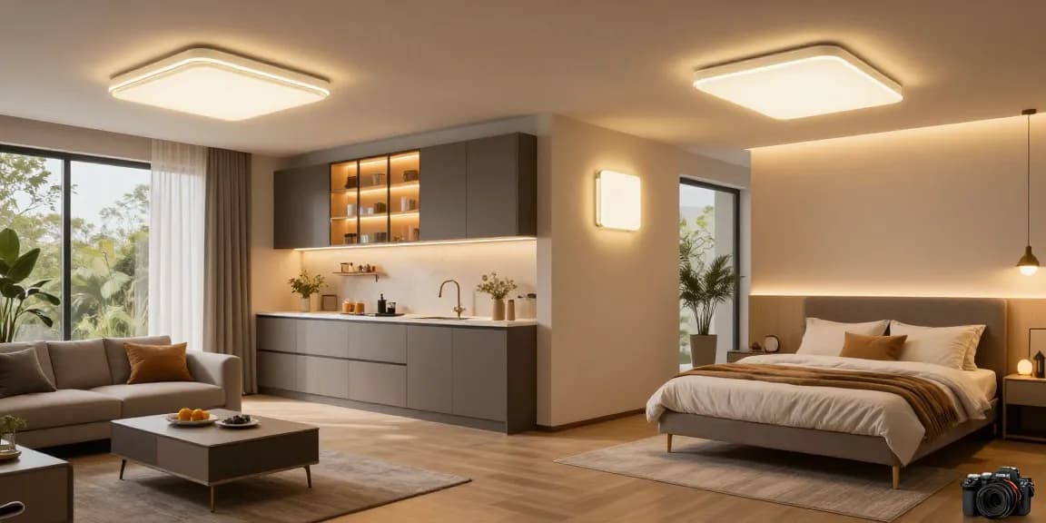 Iluminare modernă cu spoturi led în interioare elegante, sugerând eficiență energetică.