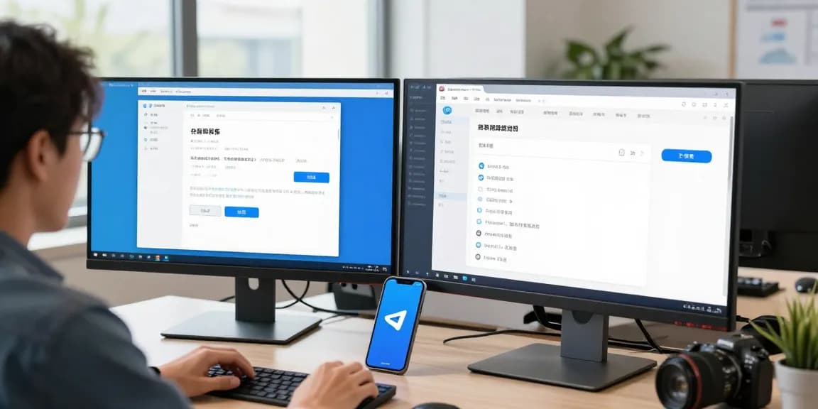 Configuring Telegram中文 interface in a modern workspace with dual monitors