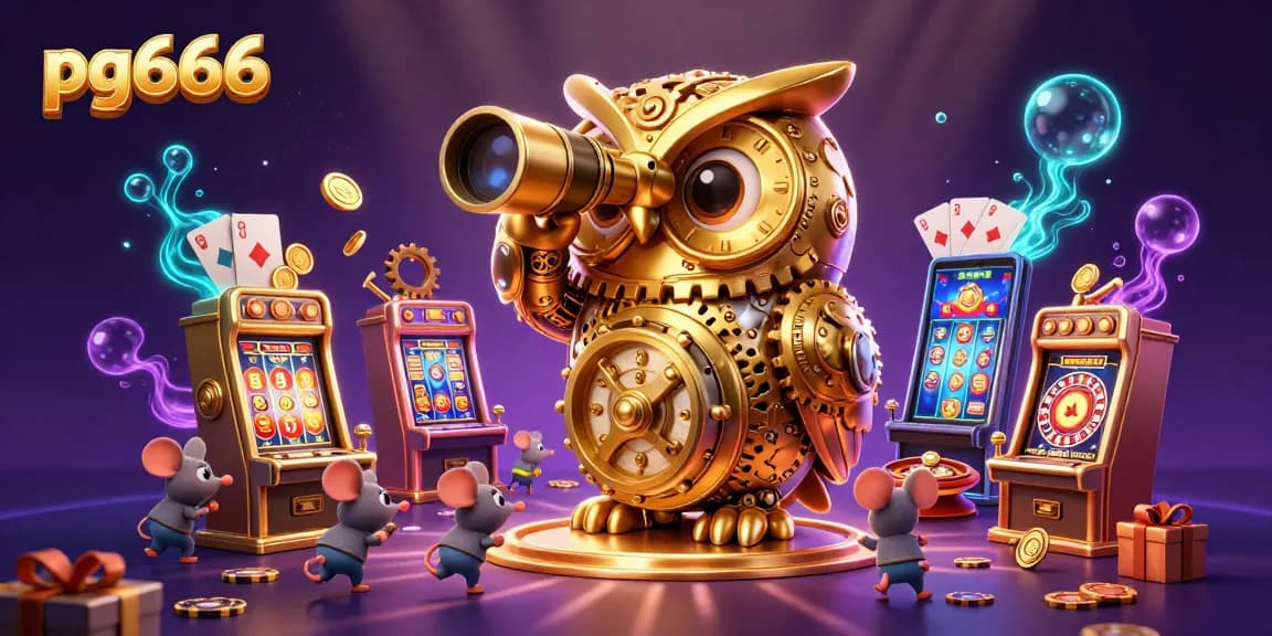 Engage with pg666 at a lively casino scene featuring a captivating golden owl and dynamic elements.