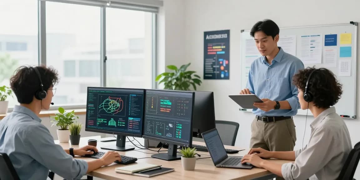 Dynamic team of IT support professionals discussing business it support services in a modern office environment.