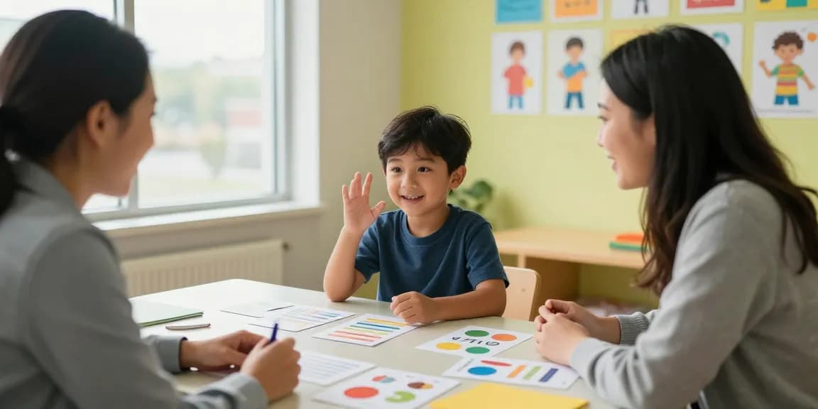 Functional communication training Burlington in a supportive therapy environment with child and therapist using visual aids.