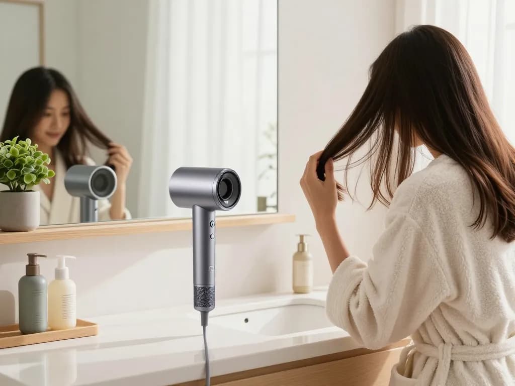 Laifen hair dryer in a bright bathroom, enhancing a stylish hair routine.