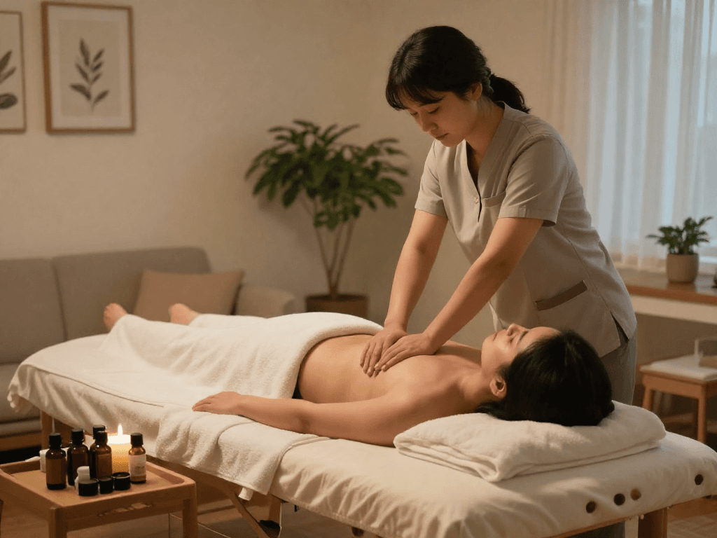Relaxing 시흥출장안마 home massage session with professional therapist in cozy setting.