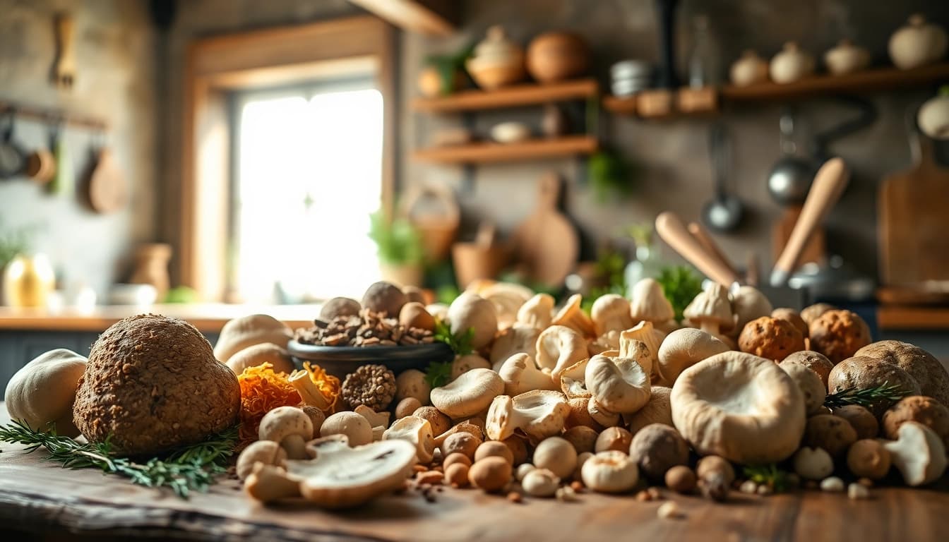 Buy mushrooms online Canada with an appealing variety showcased in a rustic kitchen setting full of textures.