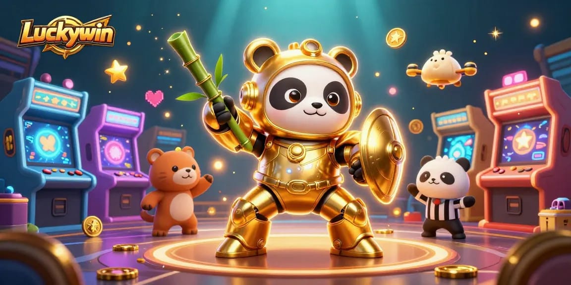 Luckywin showcases a vibrant mech-suit panda in an animated casino gaming arena