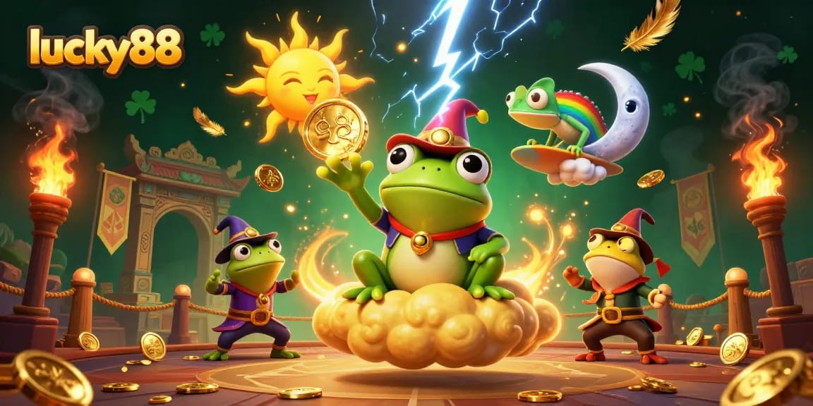 Experience the magic at lucky88 with a storm of golden coins amidst whimsical characters and casino elements.