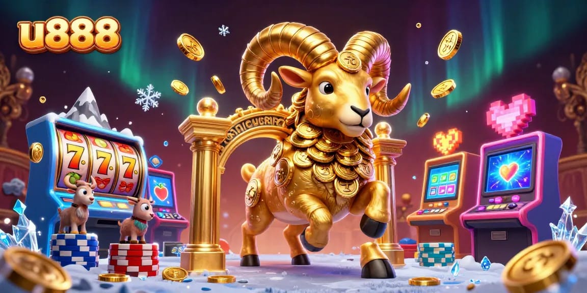 Experience the thrilling casino adventure with u888's dynamic golden ram illustration.