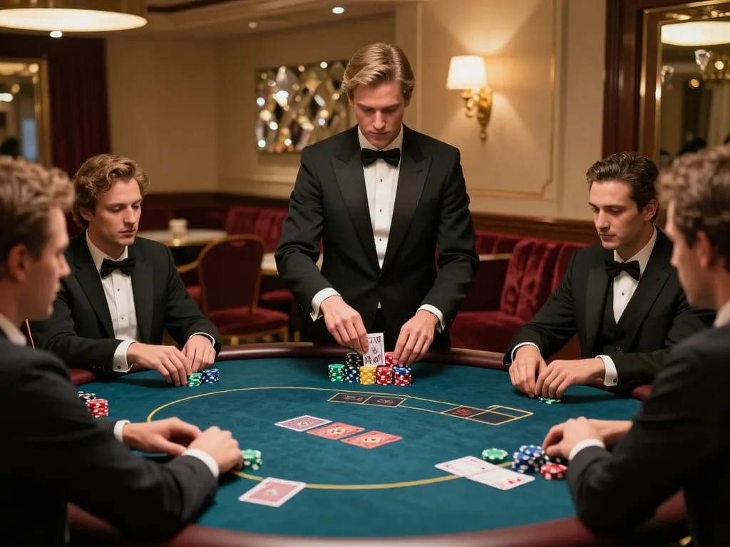 Players analyzing their hands at a high-stakes poker table showcasing TR88 strategy and excitement.