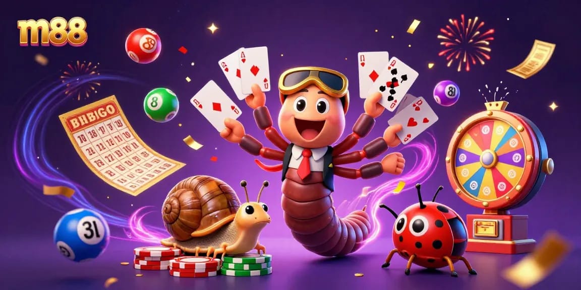 m88 engages players with a vibrant casino scene featuring a millipede dealer and exciting lottery elements