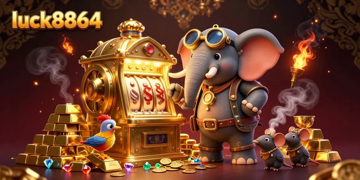 Experience thrilling slots and jackpots with luck8864 in this vibrant 3D casino scene.