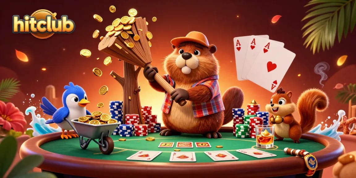 Join the fun with hitclub as the beaver collects golden coins at an exciting poker table.