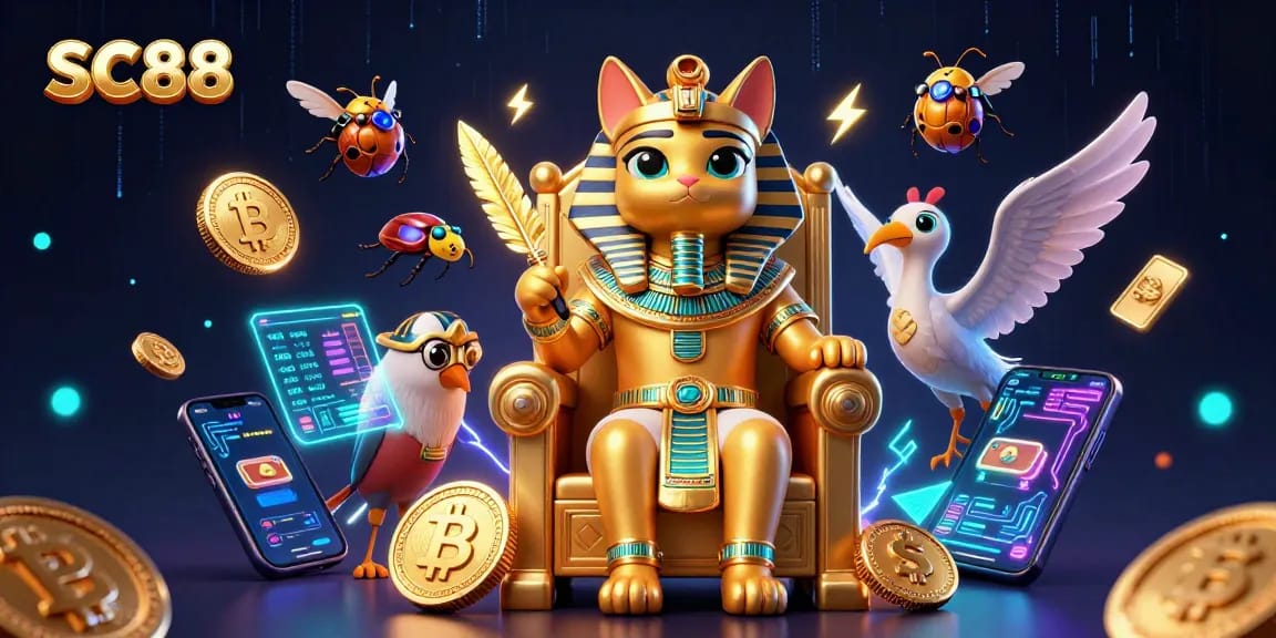 Experience thrilling SC88 gaming with Egyptian pharaoh cat and crypto elements in an electrifying scene.