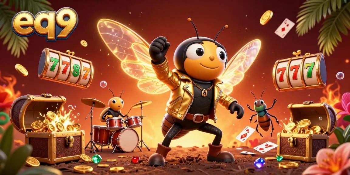 Experience thrilling gameplay at eq9 with a vibrant casino scene featuring a rock star and a treasure trove of winnings.