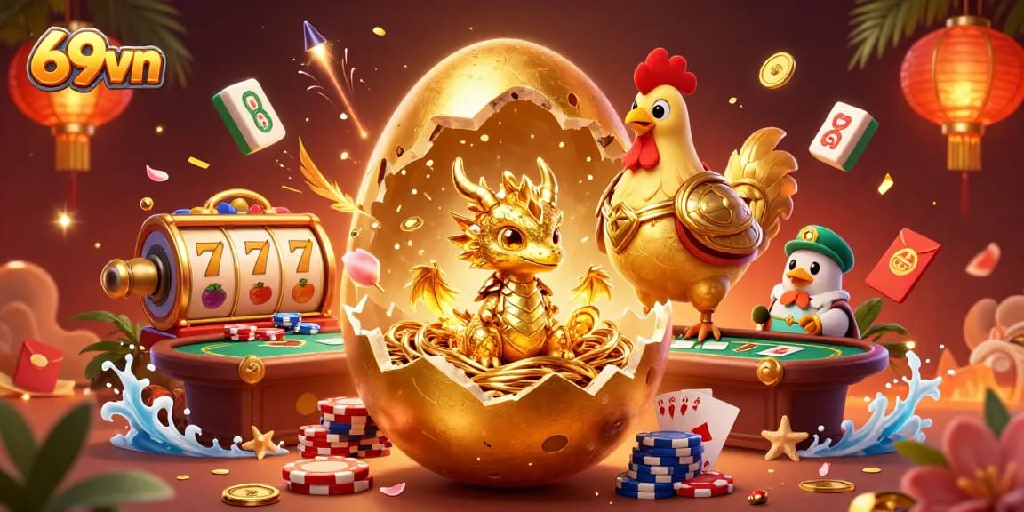 Experience the captivating excitement of 69vn with a golden dragon amidst a festive casino scene.