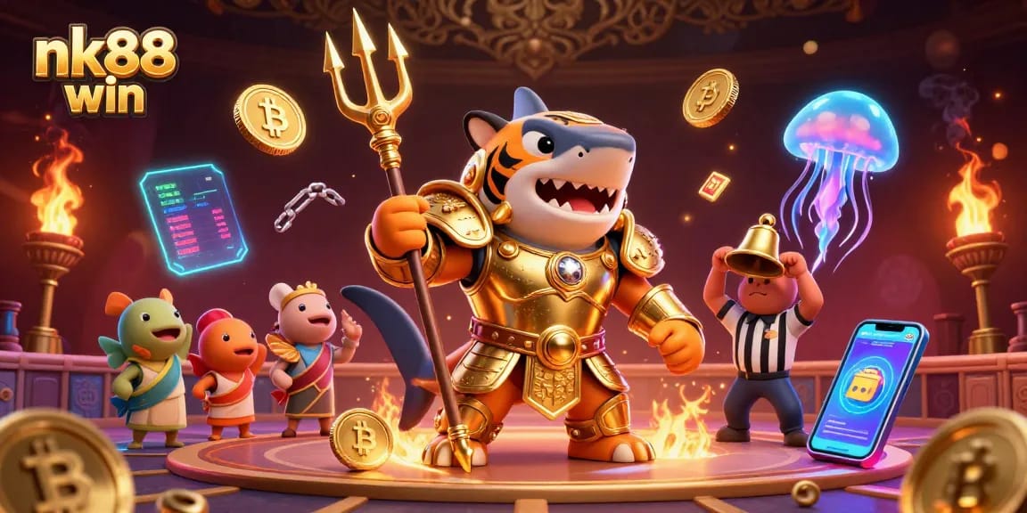 Engage in nk88 win strategies with a fierce tiger shark in a gold arena, showcasing crypto elements.