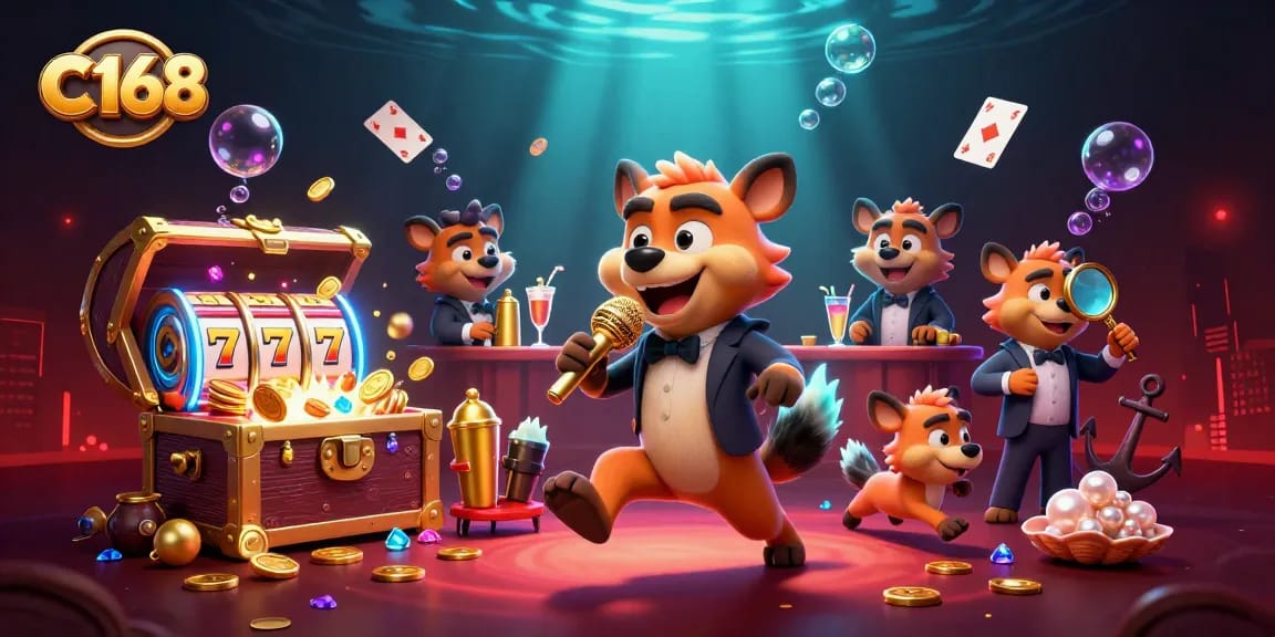C168 hyenas entertain in a vibrant comedy casino scene packed with gaming excitement.