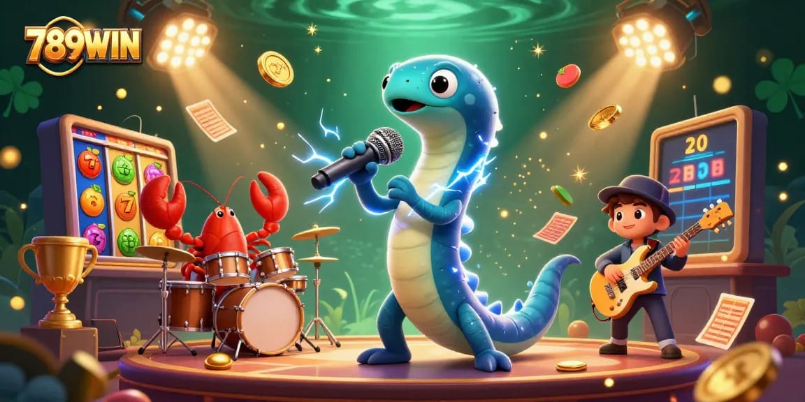 Experience excitement with 789WIN, as the electric eel DJ spins tunes in an underwater casino scene.