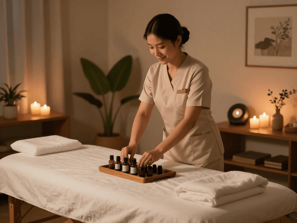 Experience premium 하남출장마사지 with a professional therapist preparing a serene home massage environment.