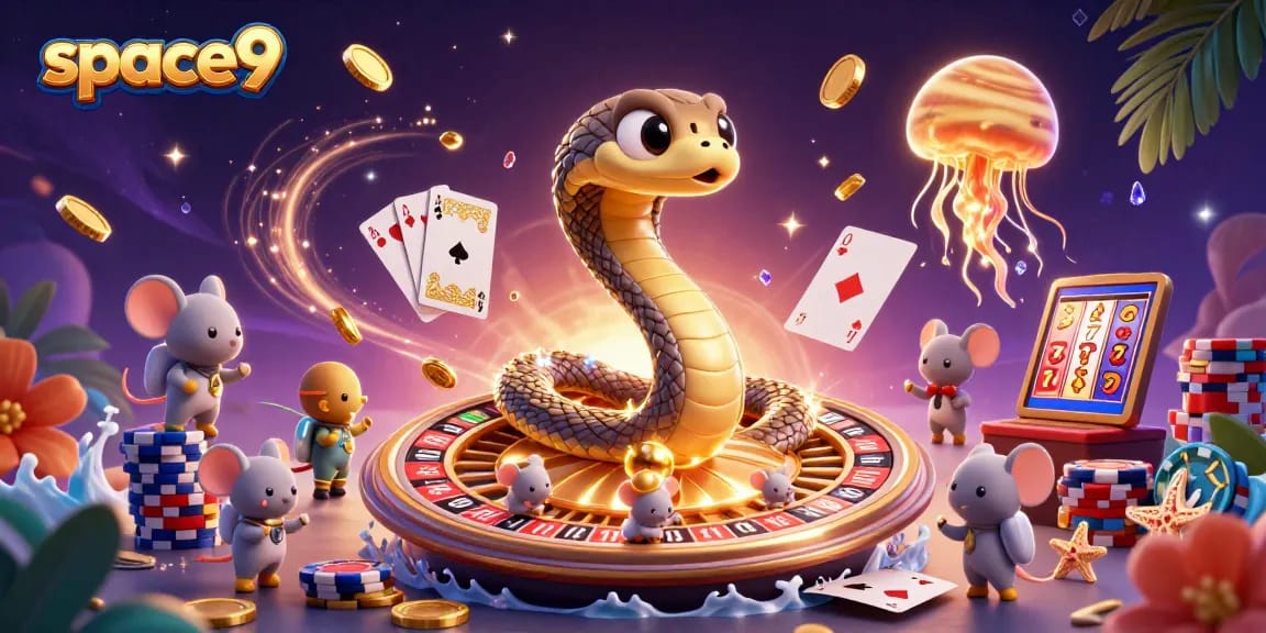 Space9 Casino features astronaut mice placing bets around a roulette wheel in an exciting cosmic scene.