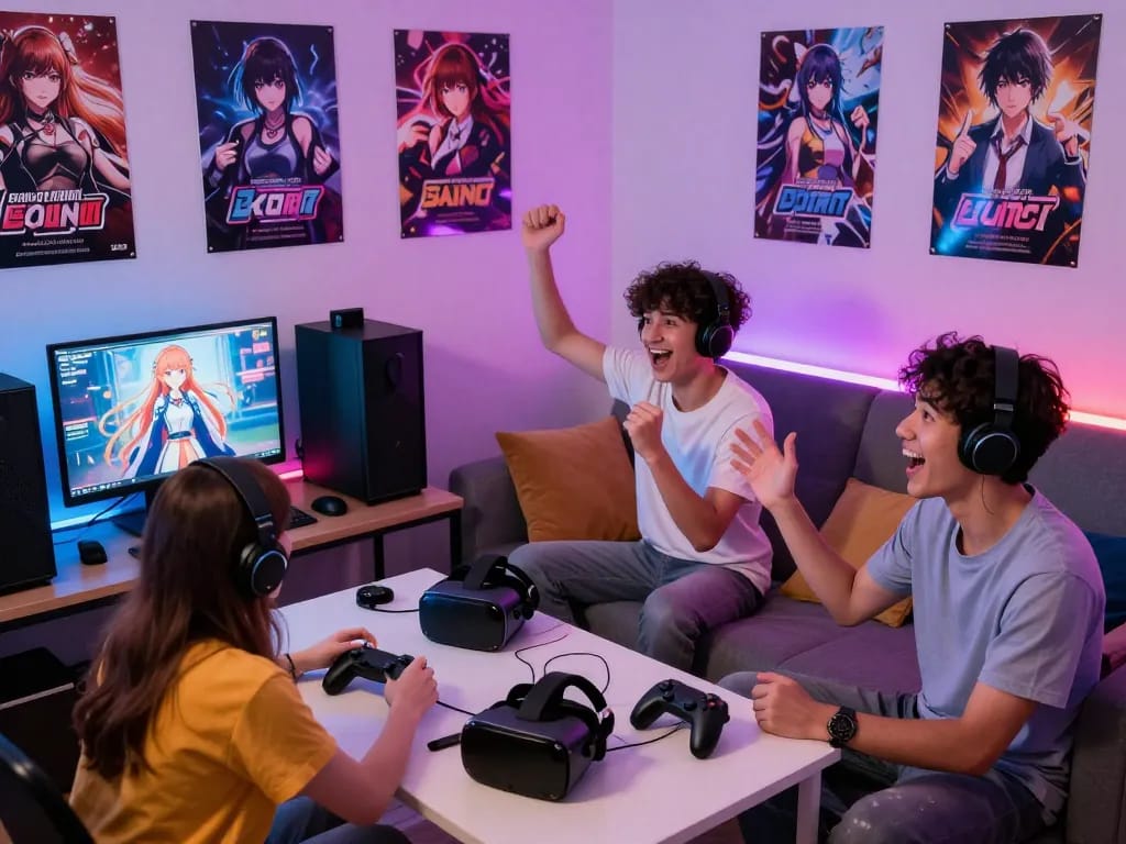 Vibrant gaming scene showcasing friends enjoying an engaging porngame experience with colorful decor.