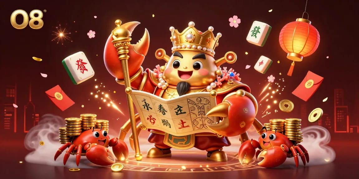 Experience thrilling gameplay at O8 with an emperor crab and treasures in an online casino illustration.