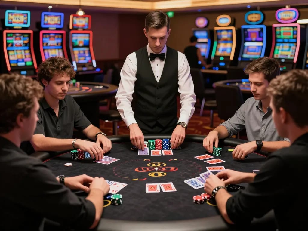 Engaged players strategizing at FLY88 blackjack table in a vibrant casino setting.