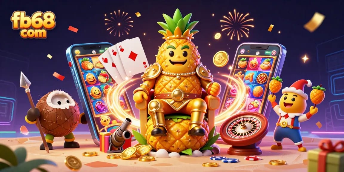 Experience winning thrills with fb68 com's vibrant 3D casino scene featuring colorful games and characters.