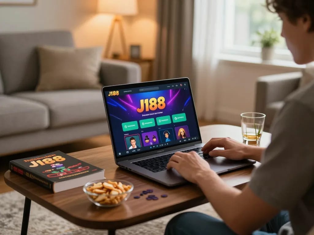 Players engaged in online gambling with the J188 app in a cozy home setting, emphasizing responsible gaming.
