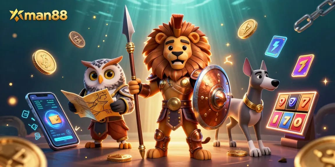 Experience thrilling gaming with man88 through this vibrant casino scene featuring rich characters and slot elements.