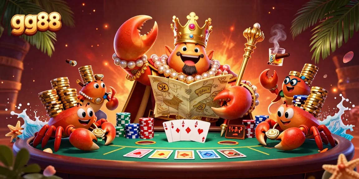 Engage in the thrilling poker world of gg88 with a majestic crab emperor overseeing the game.
