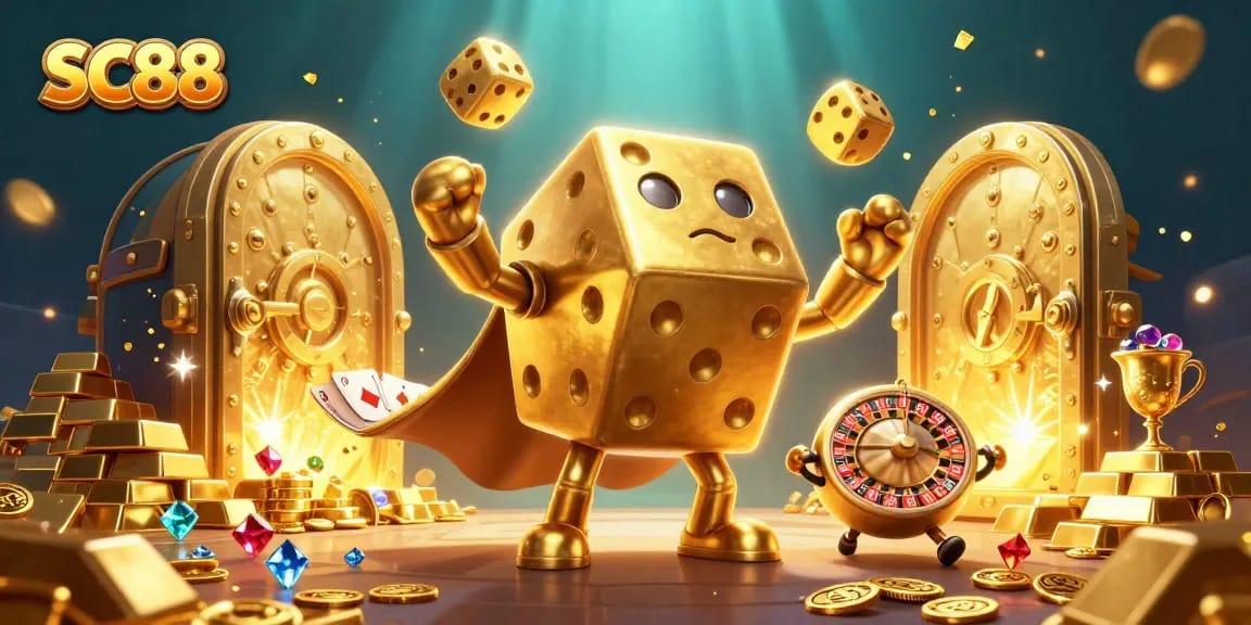 Engage with SC88's vibrant 3D dice golem illustrating luck and casino gameplay.