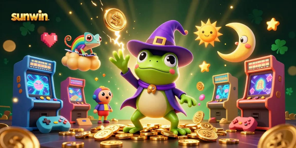 Join the excitement at sunwin with a vibrant 3D scene of gaming characters and golden coins raining down.