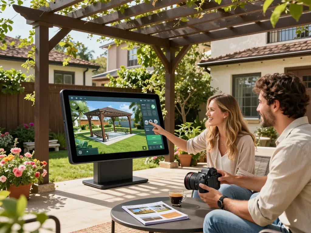 Couple using Pergola Configurator Software in a sunny backyard, visualizing custom pergola designs.