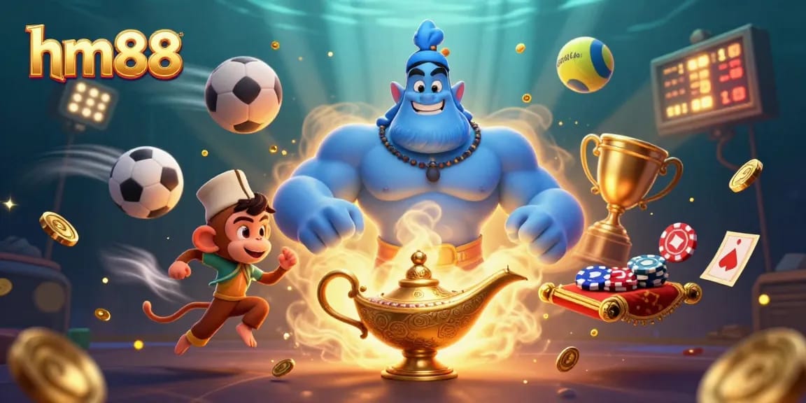 Experience thrilling gameplay at hm88 with a dynamic illustration of an energetic genie, poker chips, and sports elements capturing the essence of gambling excitement.