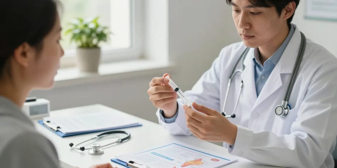 Demonstration of an insulin syringe in a doctor's office, showcasing proper usage and patient engagement.