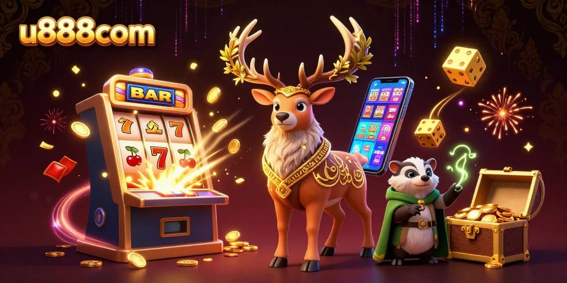 Engage with u888com slots featuring a Celtic druid and wise badger surrounded by vibrant casino elements.